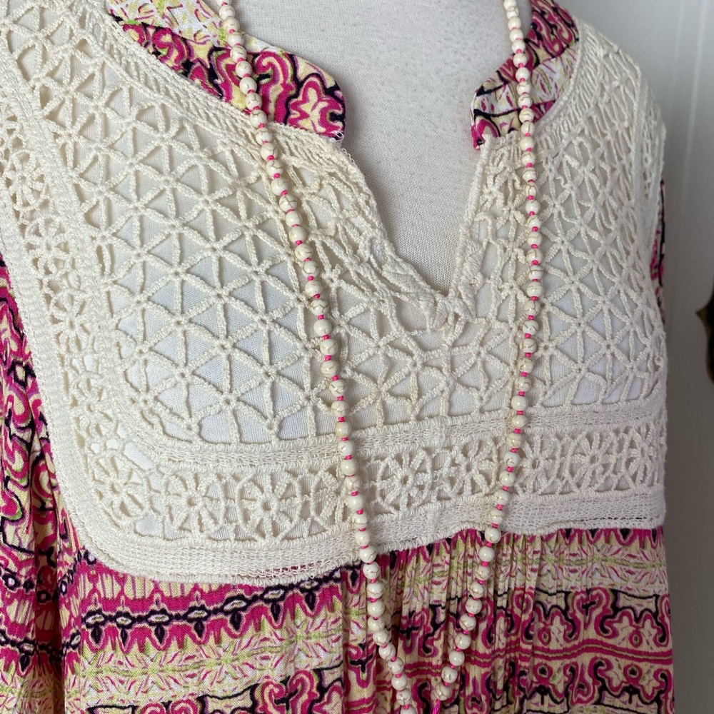 Moon and Sky boho long sleeve v neck crochet lace bib cream print pink top S - Picture 5 of 11